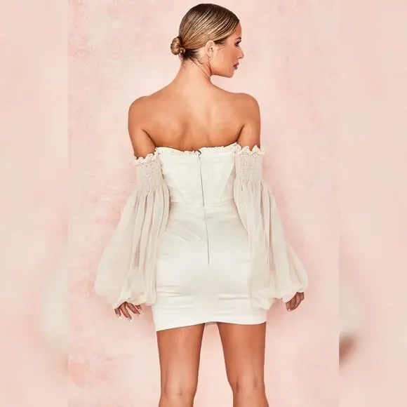 HOUSE OF CB Beau White Ivory Draped Corset Bustier Dreamy Flowy Chiffon Dress - Picture 10 of 16